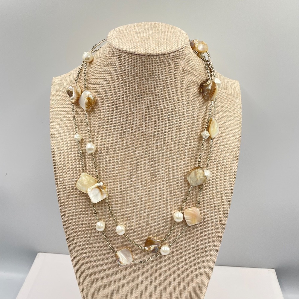 Vintage Mother of Pearl Shell Pearl Double Strand Layered Necklace Boho Cream